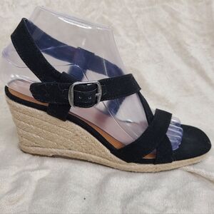 LUCKY BRAND Black Twill Strappy Wedge Espadrilles Sandals Mytila Sz 7